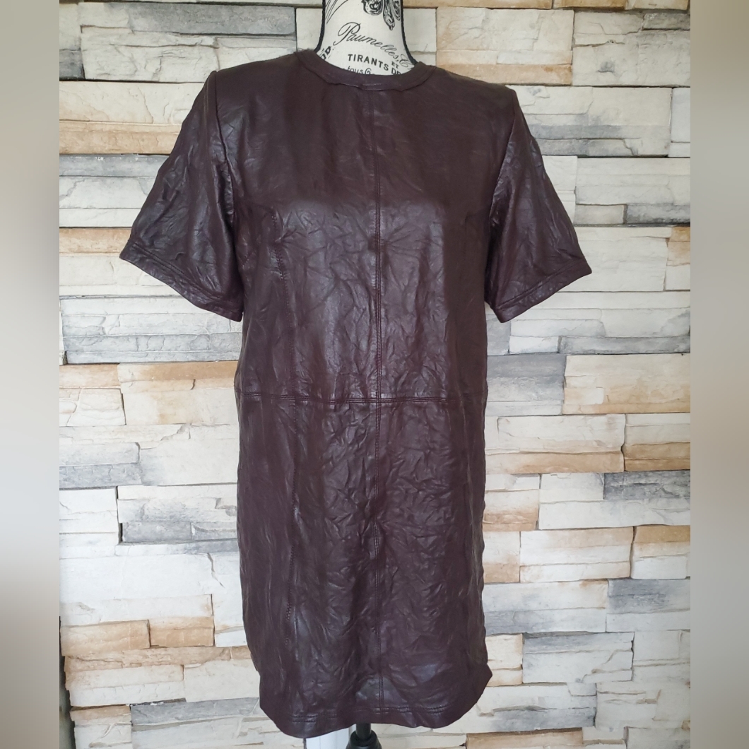 Nwt Women's Short Sleeve Leather Mini Dress - Brown Size Small